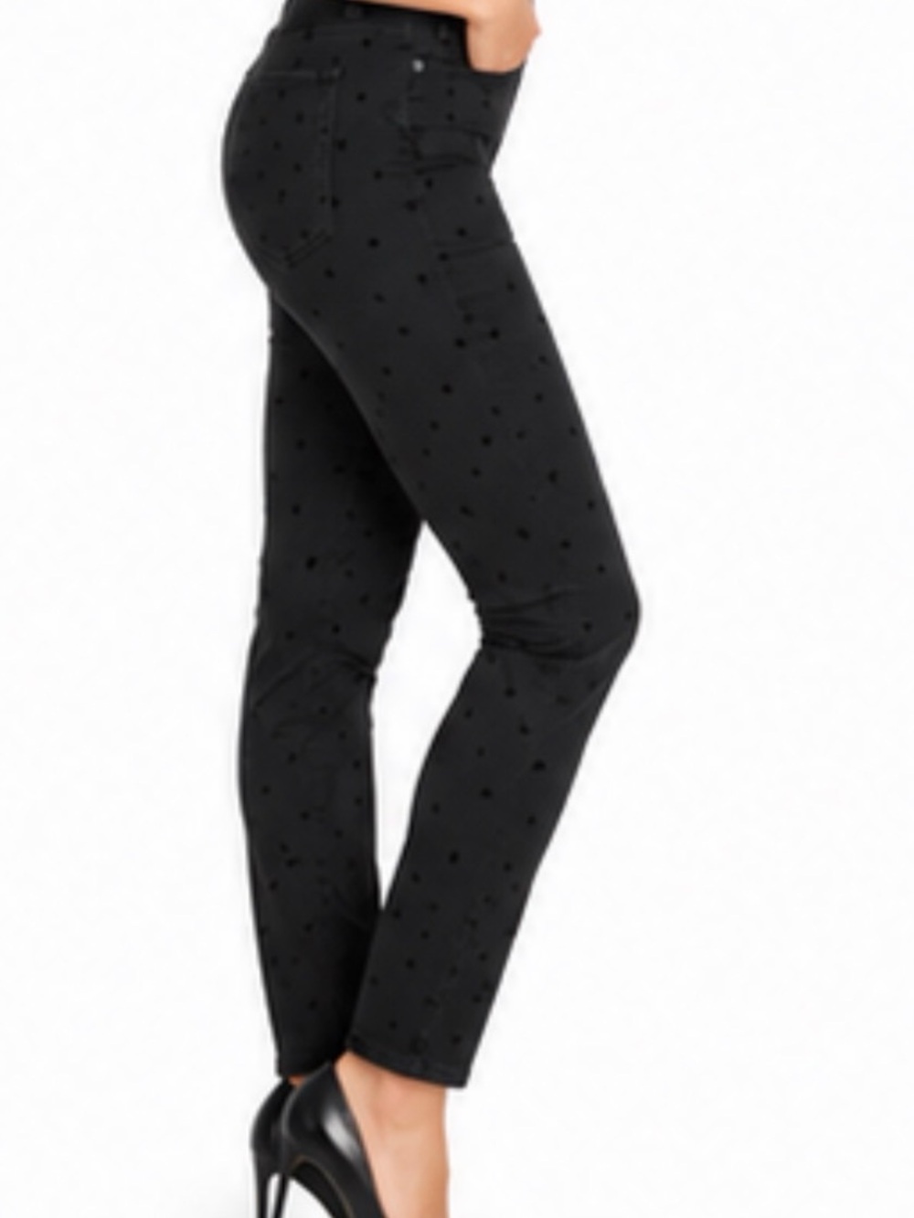 Slim Ankle Pants in Black with Textured Polka Dot Pattern